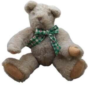 Classic Jointed Teddy Bear Beige Green Plaid Bow 12" Tall Unbranded